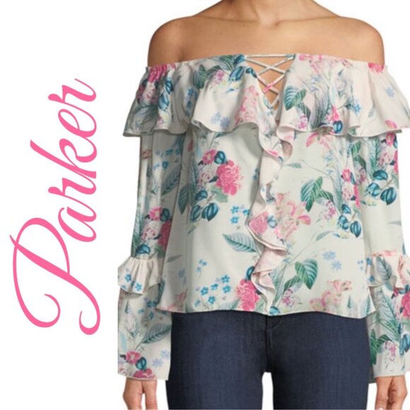 PARKER ERIN BOHEMIAN 100% SILK RUFFLED FLORAL OFF THE SHOULDER BLOUSE, LARGE - Picture 5 of 14